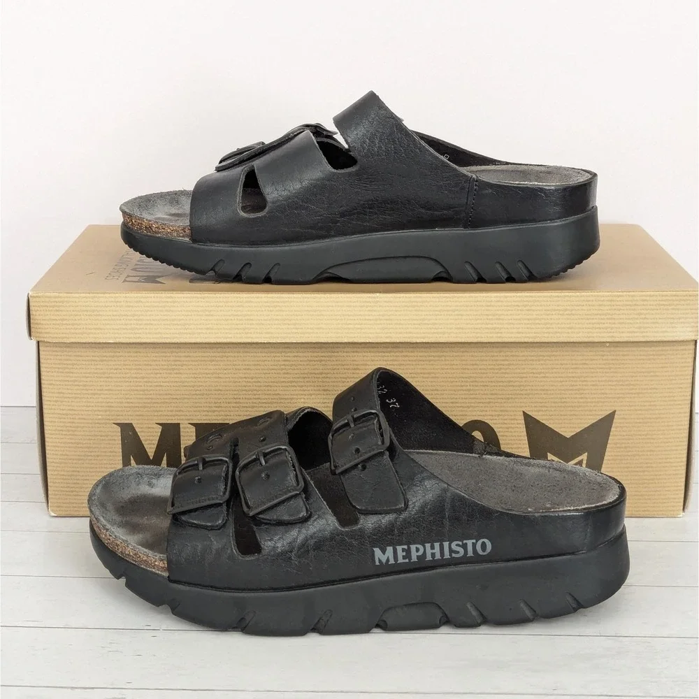 Mephisto Zach Fit Black Comfort Sandal Slide Gray Footbed Men's Size 37 EU